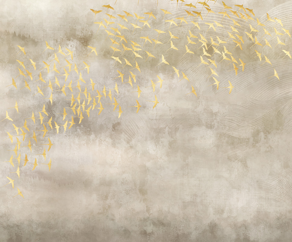 Фотообои флизелиновые на стену 3д GrandPik 52423 Лофт "Стая золотых птиц" (ШхВ), 300х250 см  #1