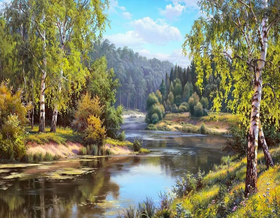 Картина по номерам на подрамнике / живопись на холсте / раскраска 40х50 Река в лесу Пейзаж Природа Берёзы #1