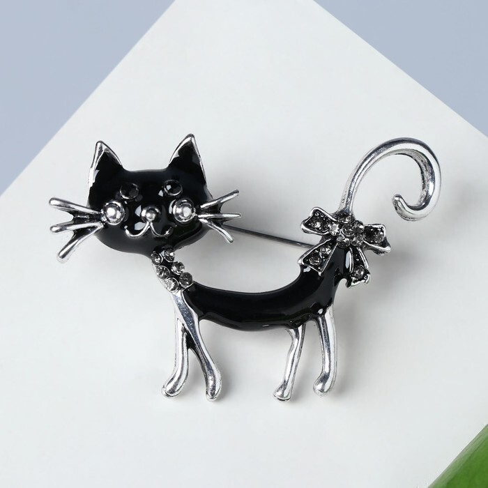 Брошь "Кошка" кокетливая с бантом, цвет чёрный в чернёном серебре  #1