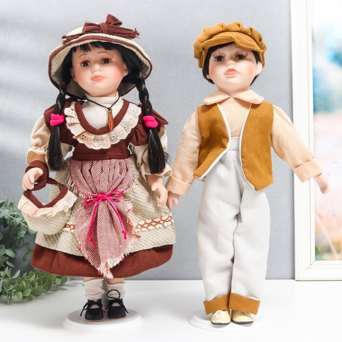 Кукла коллекционная парочка Нина и Олег, терракотовые наряды набор 2 шт 40 см  #1