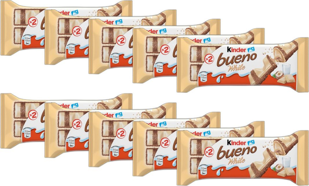 Вафли Kinder Bueno White в молочном шоколаде, комплект: 10 упаковок по 39 г  #1