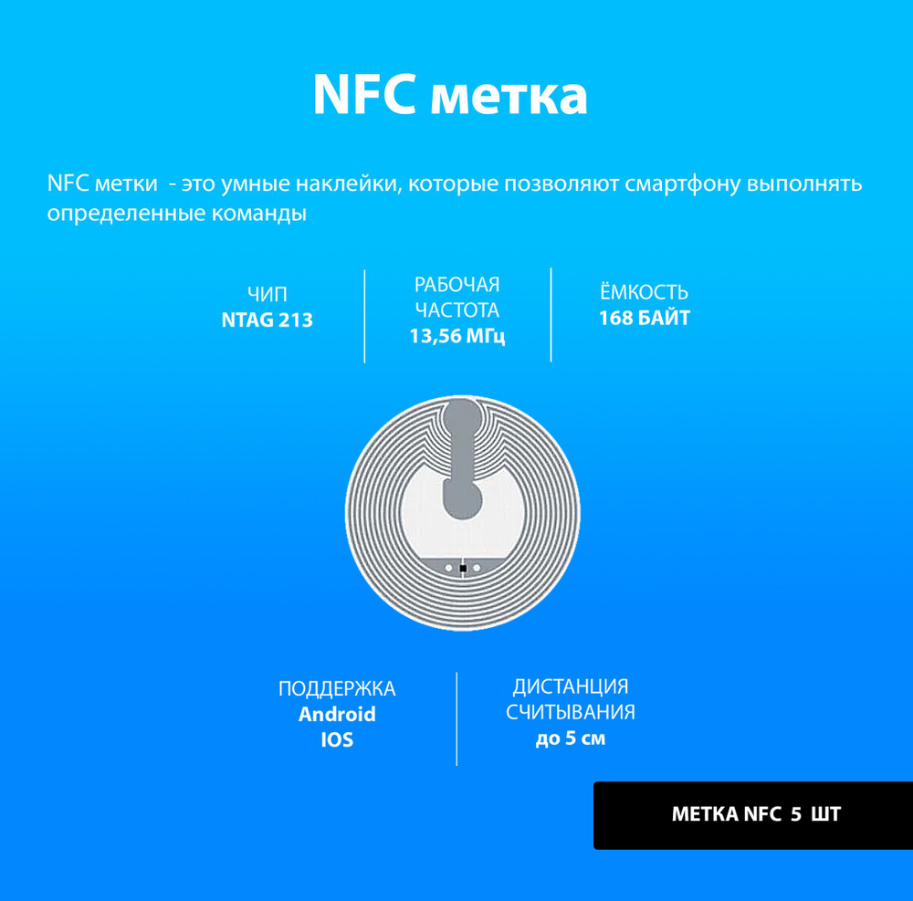 Метка NFC (5 штук) NTAG213/ Метка-наклейка НФС/ для автоматизации, умный дом, электронная визитка  #1