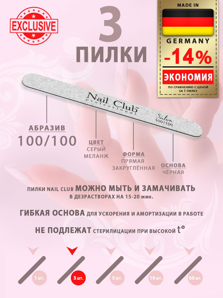 Nail Club professional Маникюрная пилка для опила ногтей серая Salon, форма узкая прямая, абразив 100/100, #1