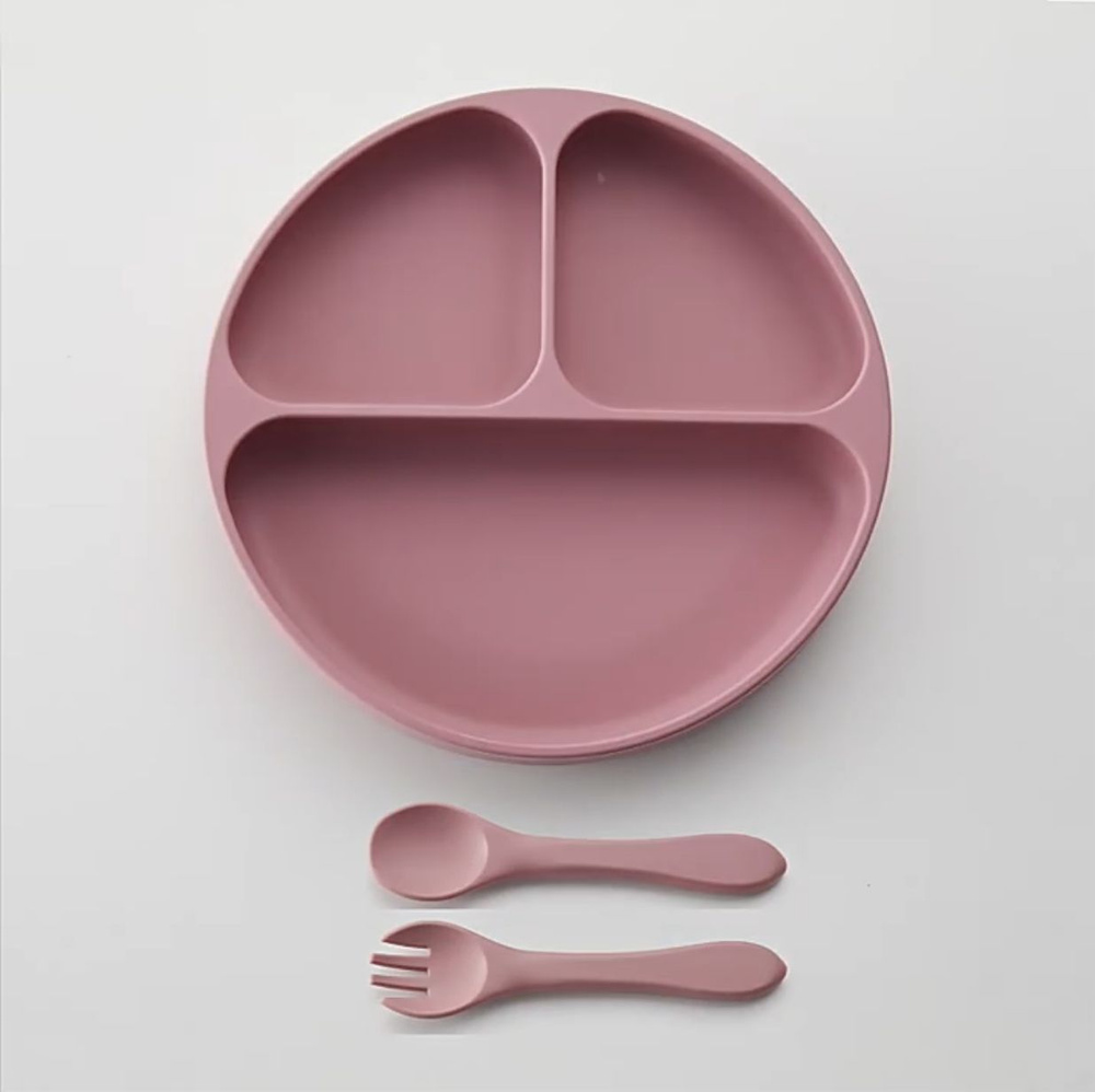 Силиконовая тарелка на присоске с тремя делениями и приборами, ярко-розовая  #1