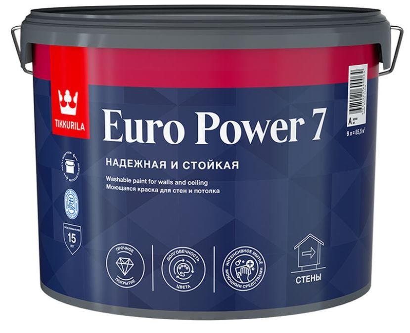 Краска акриловая Tikkurila Euro Power 7 для стен и потолков, база A, 9л  #1