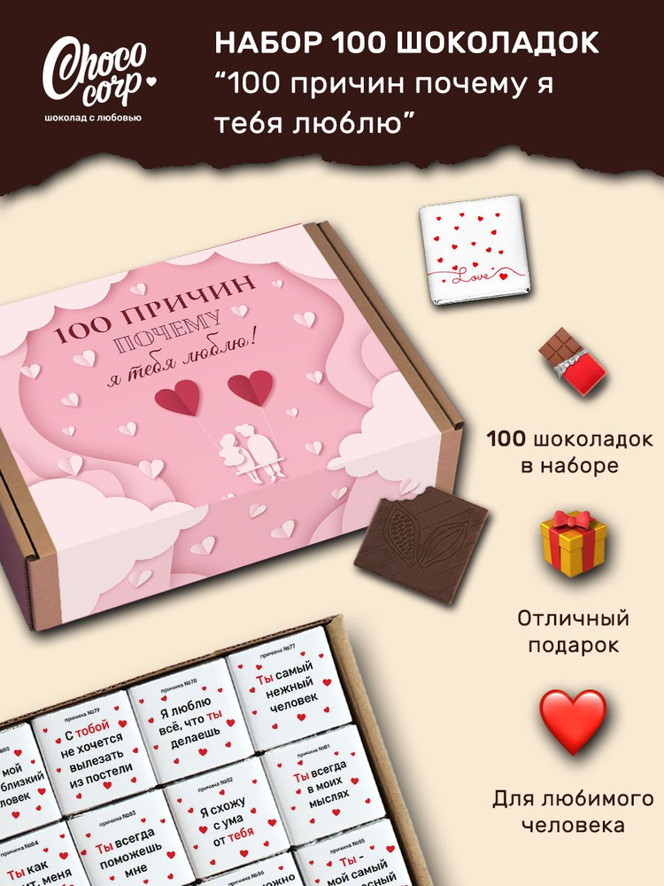 Подарочный шоколадный набор парню, девушке "100 причин почему я тебя люблю", сладкий подарок любимому #1