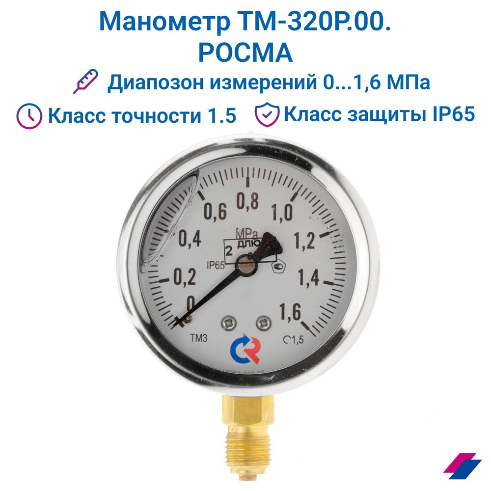 Манометр ТМ-320Р.00 (0...1,6 МРа) G1/4 класс точности -1,5 (с глицерином) РОСМА  #1