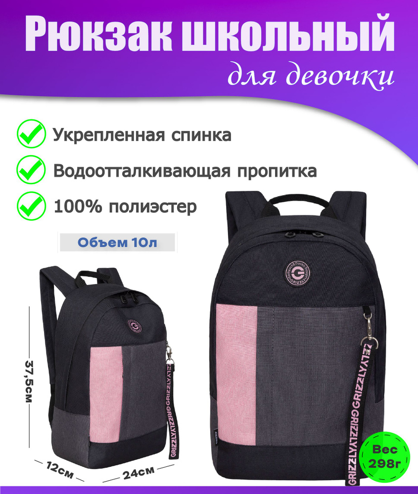 Рюкзак школьный подростковый женский для девочки, молодежный, для средней и старшей школы, GRIZZLY (черный-розовый) #1