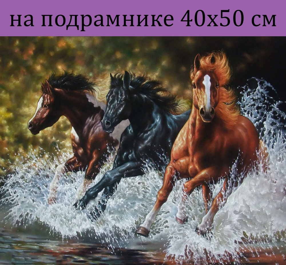 Алмазная мозаика на подрамнике 40х50 Кони на воде, алмазная вышивка на подрамнике 40х50, наборы для творчества #1