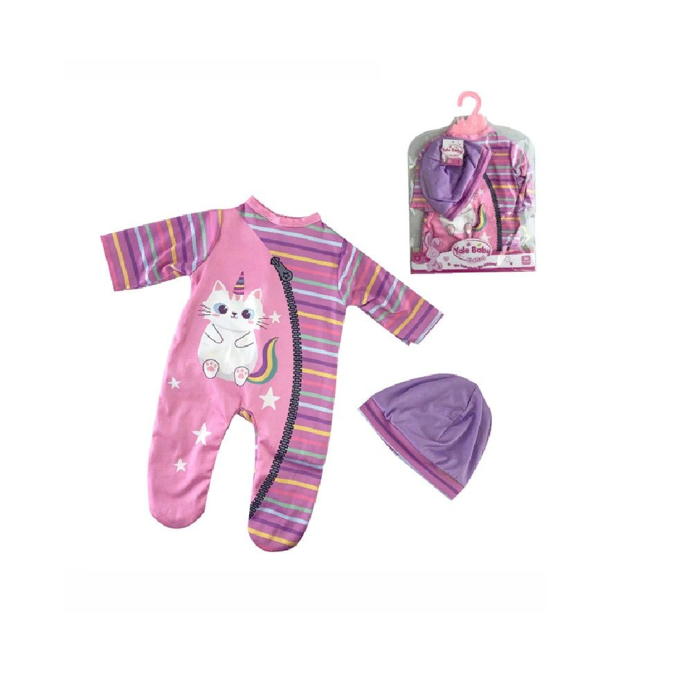 Одежда для куклы пупса ростом 38 - 42 см, розовый комбинезон слип с кошкой единорогом и шапочка  #1