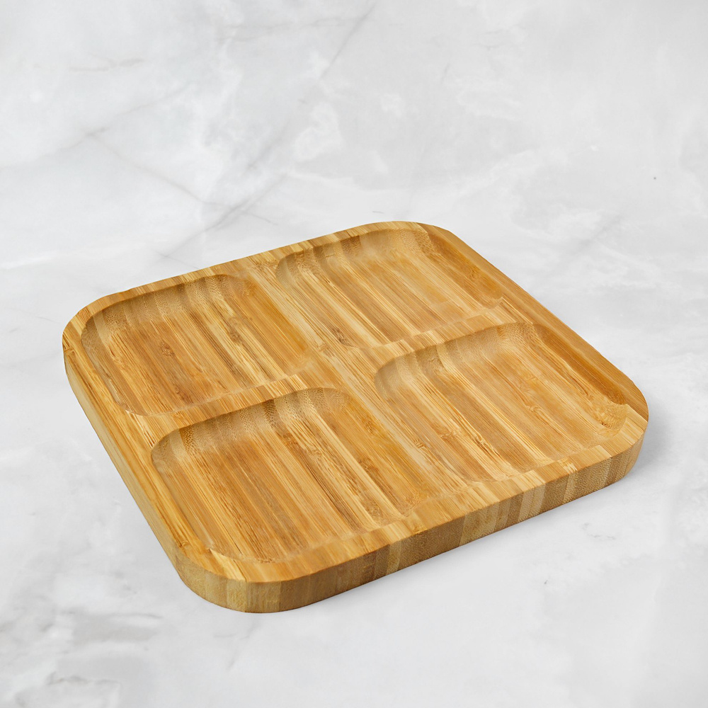 Менажница бамбуковая квадратная 20*20 см 4 секции, посуда для сервировки стола, тарелка для закусок, #1