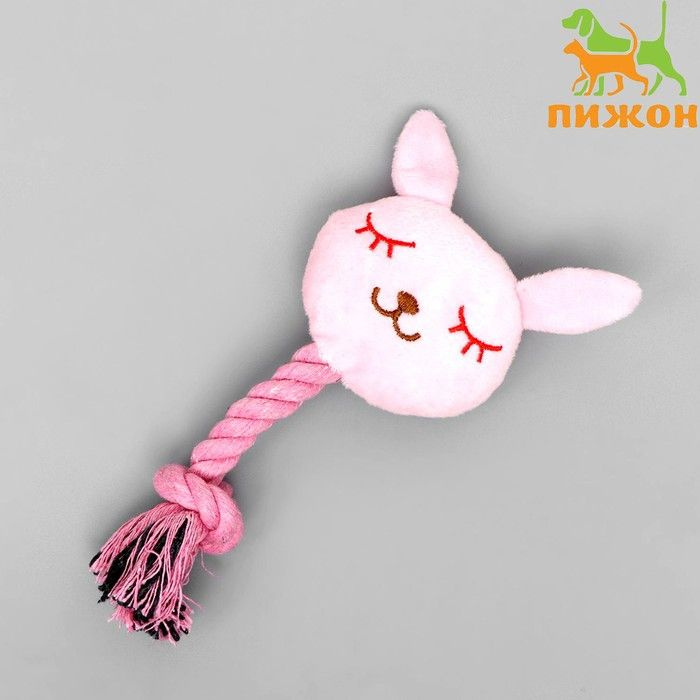 Игрушка мягкая для собак "Зайка с канатом", с пищалкой, 18 см, розовая  #1