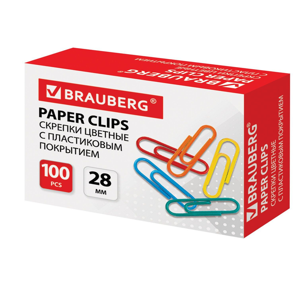 Скрепки канцелярские пластиковые набор Brauberg, 28 мм, цветные, 100 штук  #1