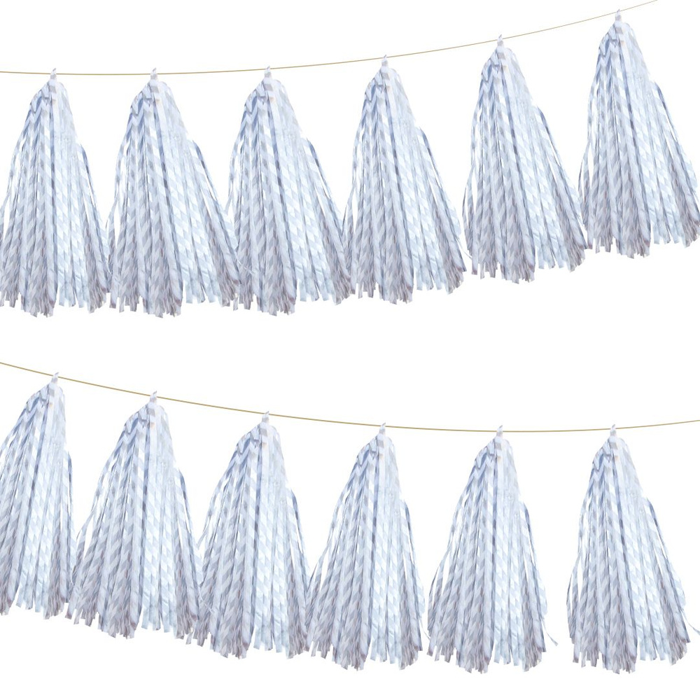 Гирлянда Тассел, Гирлянда растяжка для праздника, Полоски, Белый/Серебро, Металлик, 35*12 см, 5 листов. #1