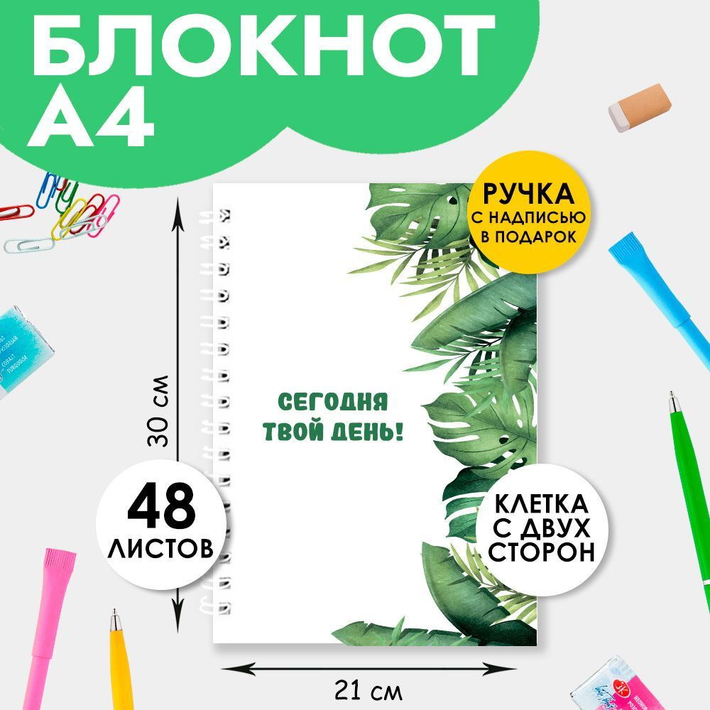 Блокнот подарочный в клетку А4 48 листов с ручкой на пружине  #1