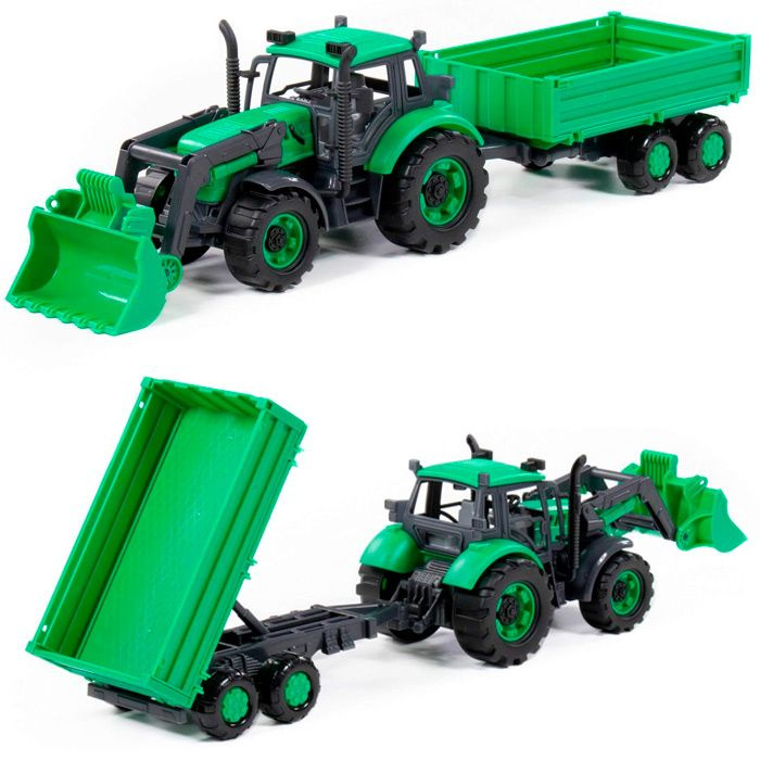 Трактор Прогресс с бортовым прицепом и ковшом инерционный зелёный в лотке 94650  #1