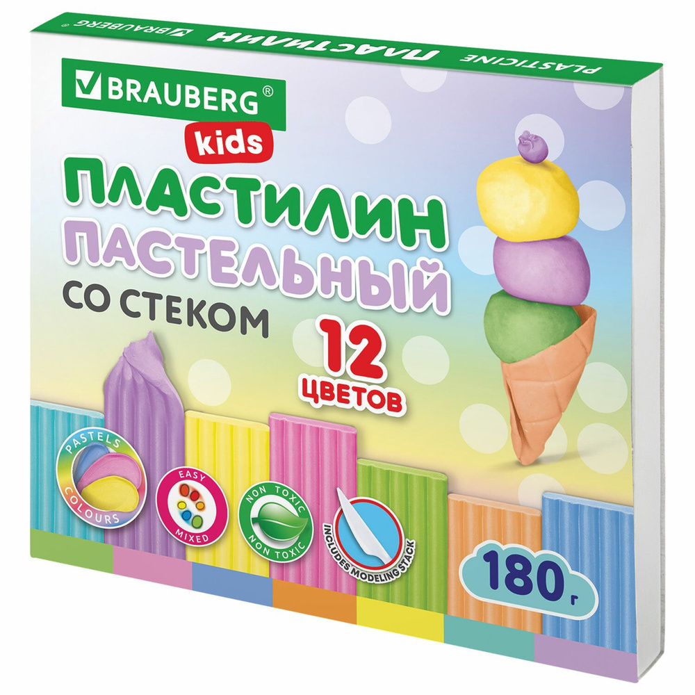 Пластилин Brauberg классический, пастельные цвета, Kids, 12 цветов, 180 г, стек  #1