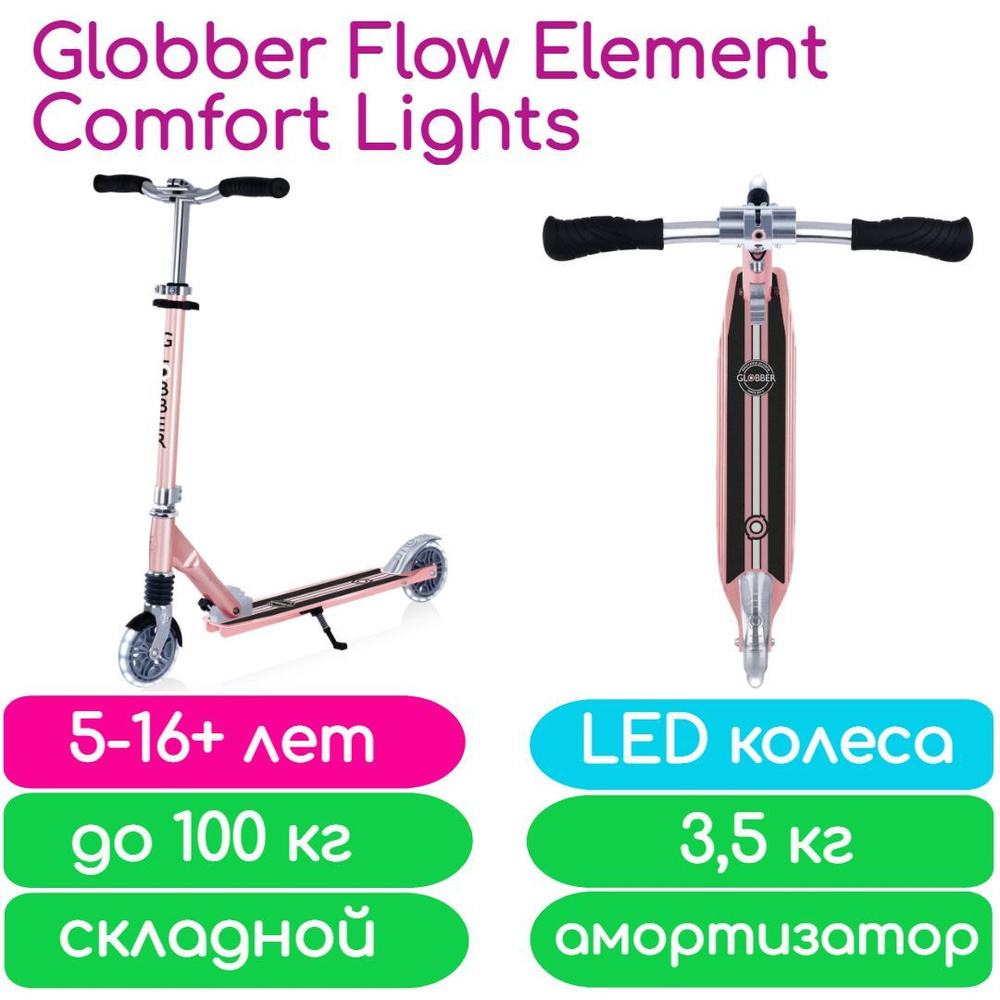 Cамокат Globber Flow Element Comfort Lights розовый (727-210) с LED колесами и амортизатором  #1