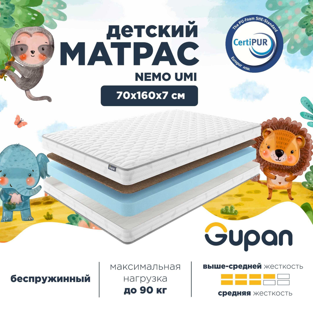 Gupan Матрас в кроватку Gupan Nemo Umi, Беспружинный, 70х160 см #1