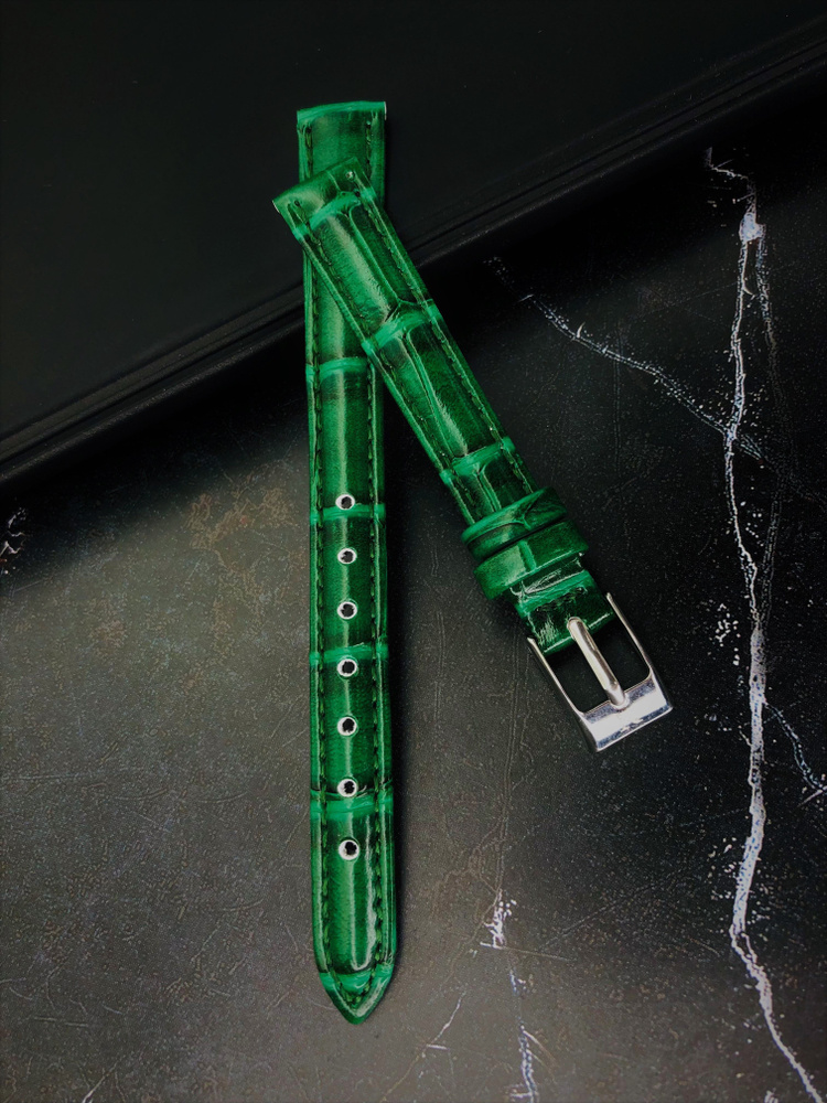 Ремешок для часов NAGATA кожаный 12 мм, зеленый, под рептилию  #1