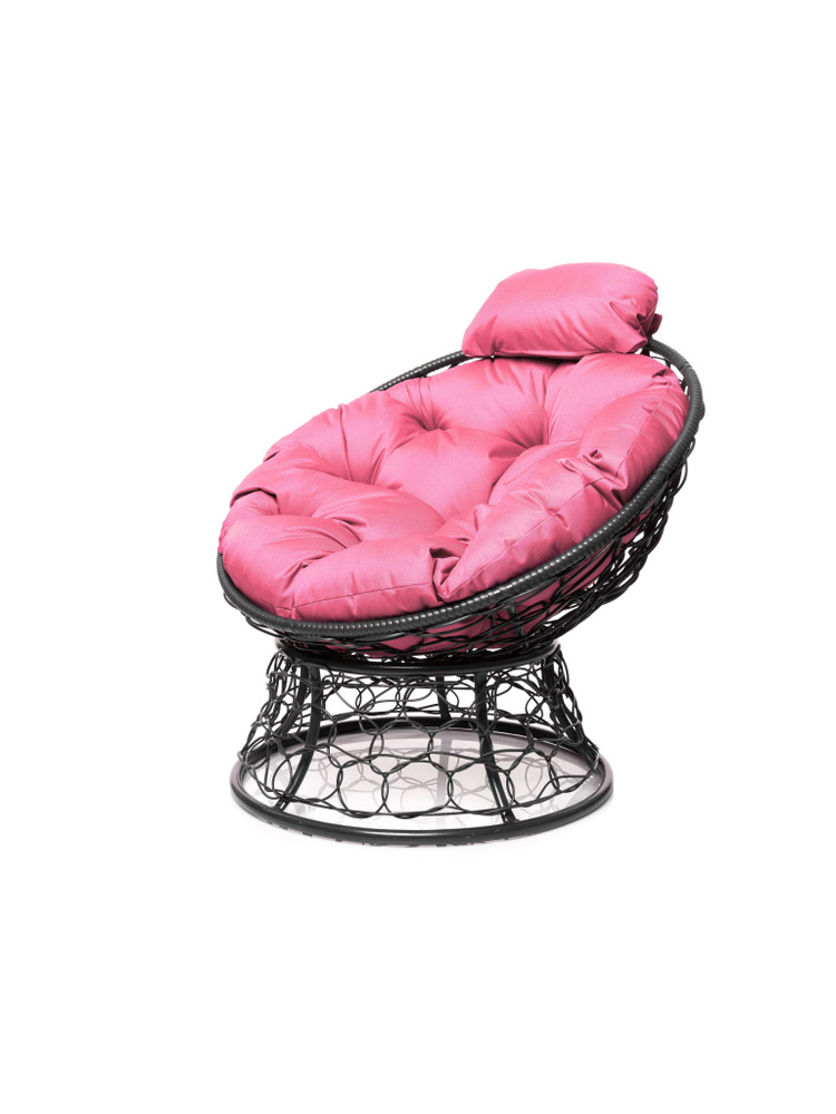Кресло ПАПАСАН мини с ротангом серое, розовая подушка #1