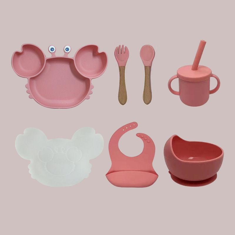 Набор детской силиконовой посуды для кормления малыша, Крабик, 7 предметов розовый  #1