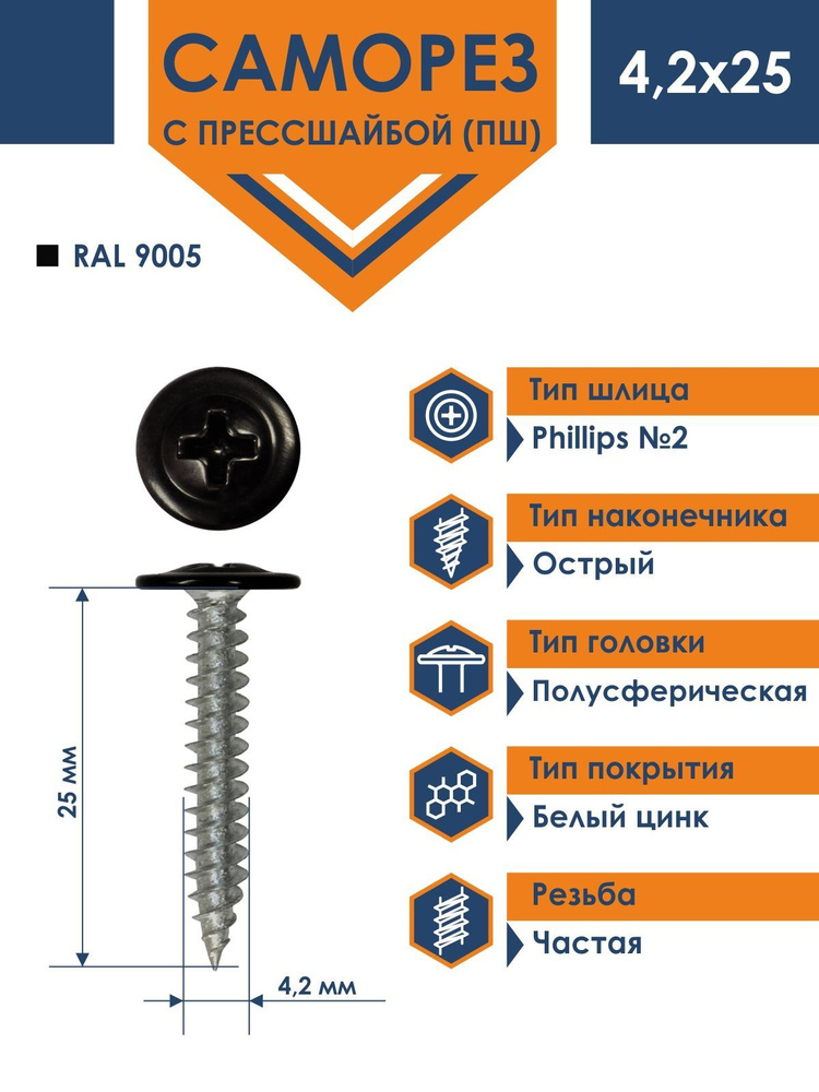 Саморез Rizzel ПШ 4,2х25 с прессшайбой острый RAL 9005 (500 шт) #1