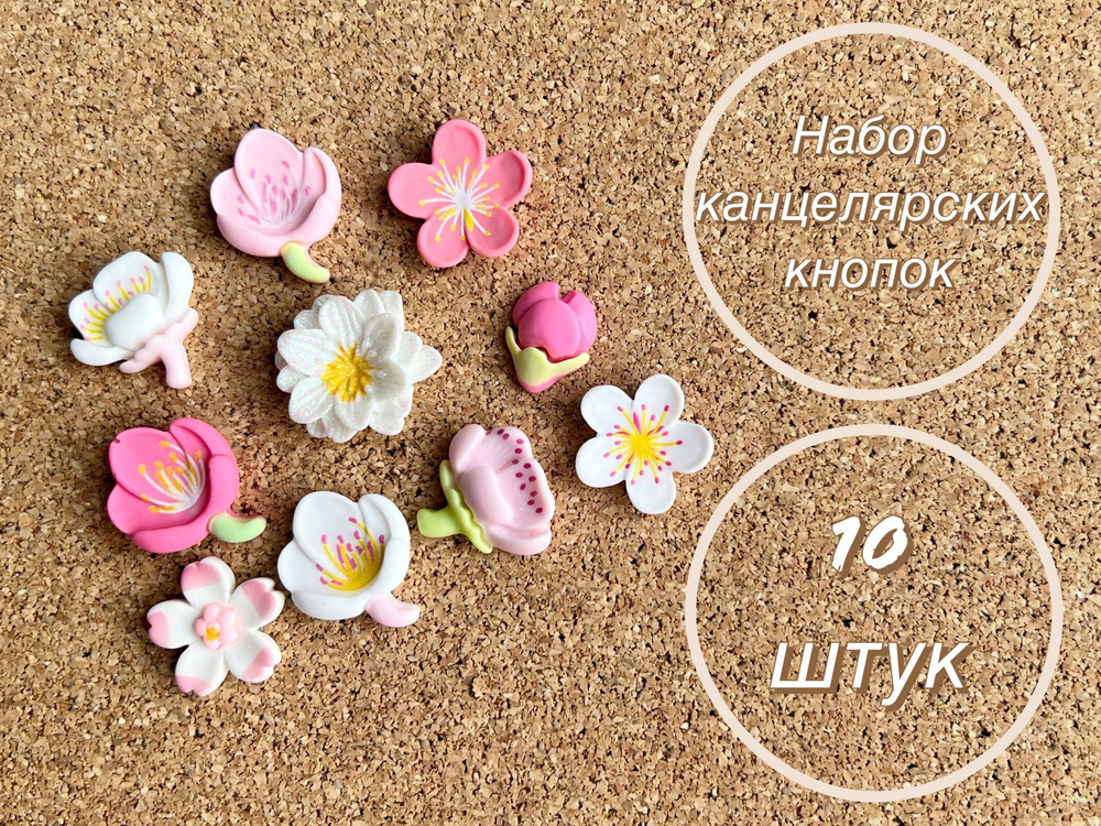 Канцелярские кнопки большие цветы и бутоны сакуры, 10 штук  #1