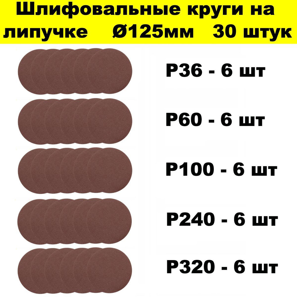 Шлиф диск 125 30 штук набор из 5 зернистостей Р36, Р60, Р100, Р240, Р320  #1