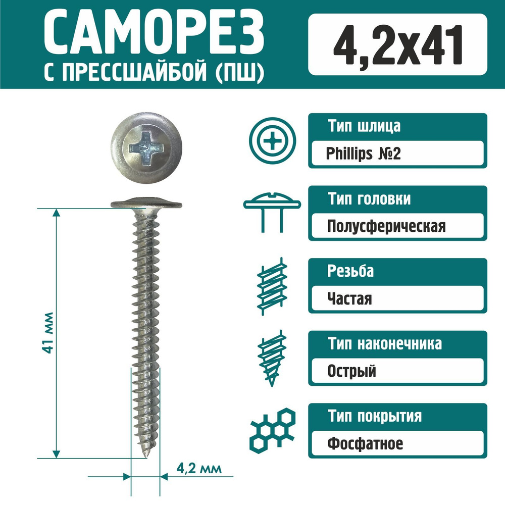 Саморез Rizzel с пресшайбой острый 4,2х41 цинк (200 шт) #1