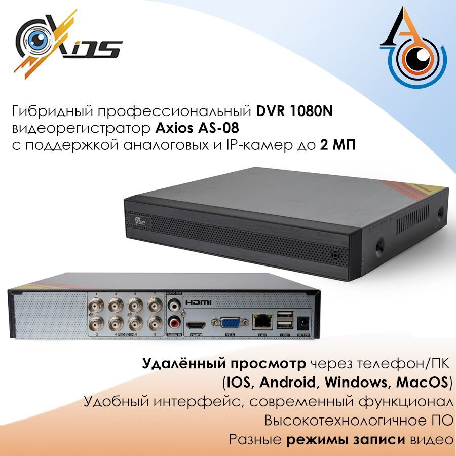 8-ми канальный гибридный профессиональный DVR видеорегистратор Axios AS-08 для аналоговых и IP систем #1