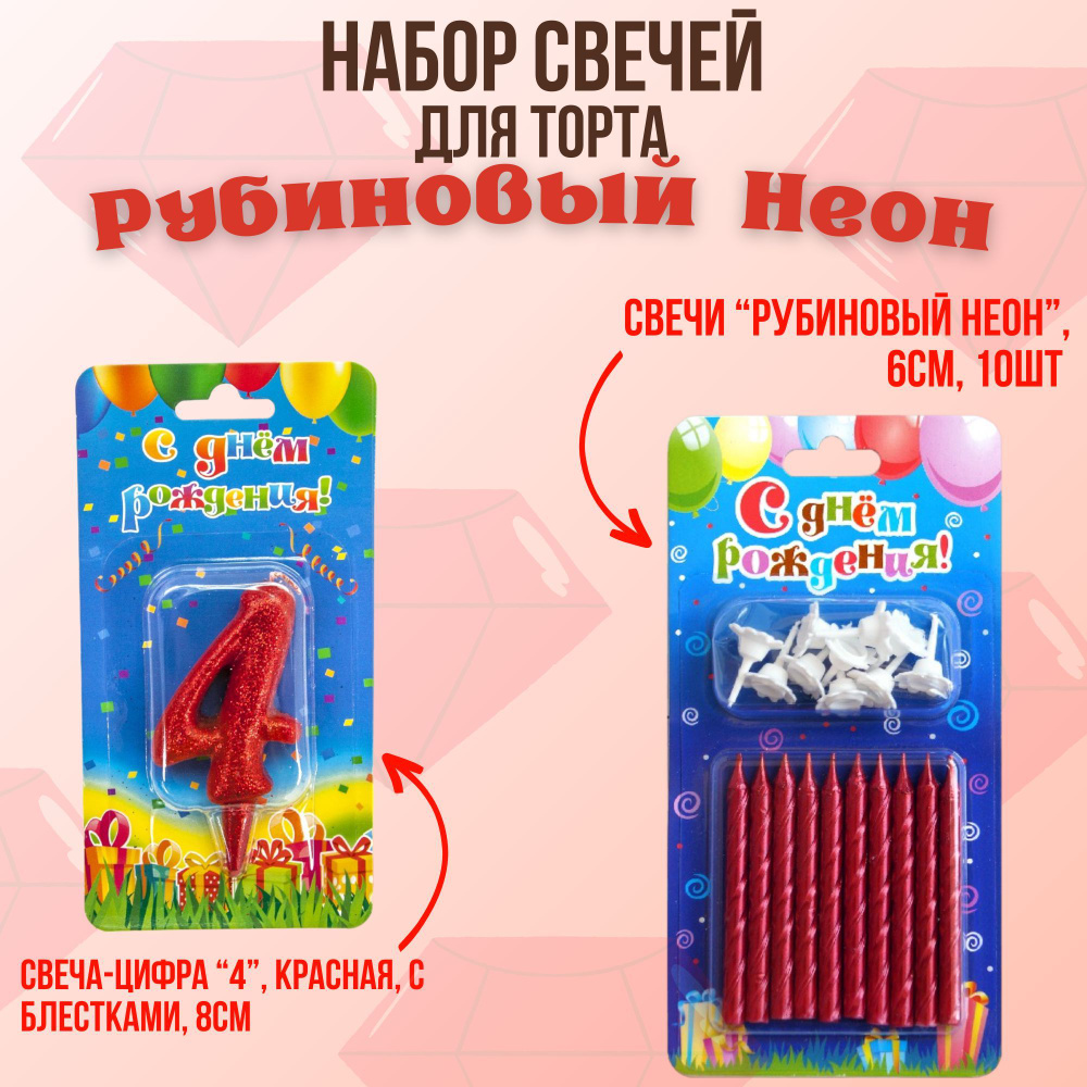 Свечи в торт на праздник и день рождения, классические 10шт и цифра "4", Рубиновый неон, набор  #1