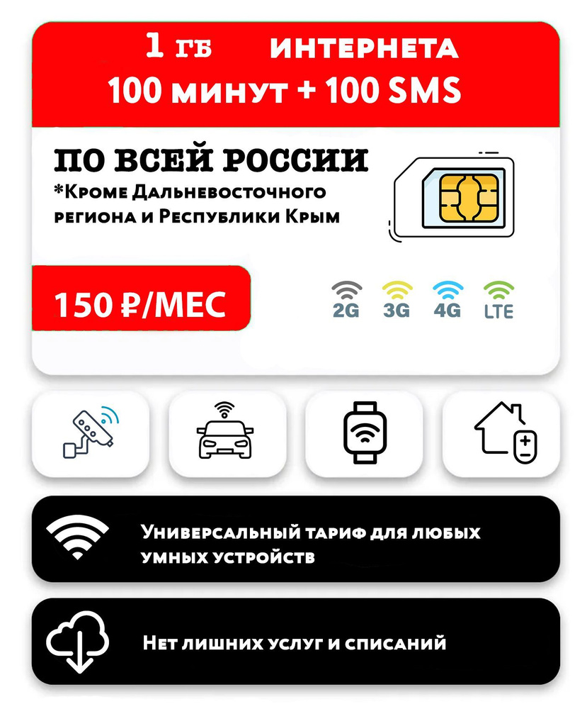 WHYFLY SIM-карта 1гб интернета 3G/4G/LTE + 100 минут + 100 SMS за 150 руб/месяц для умных устройств (Вся #1