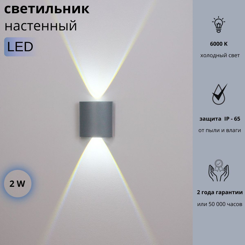 Светильник LED 2W СЕРЫЙ настенный/ Бра уличный/ Светодиодный ночник для дома/  #1