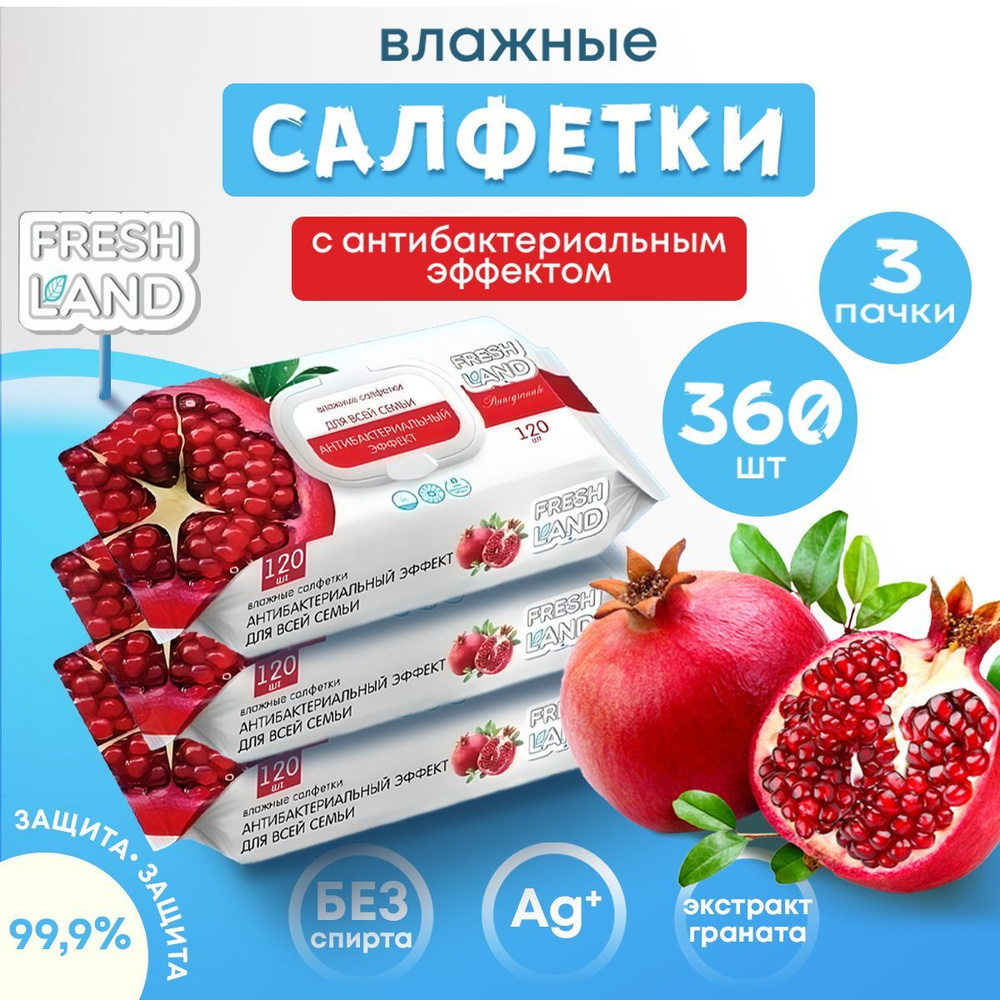 FRESHLAND Влажные салфетки антибактериальные Гранат 3х120 шт  #1