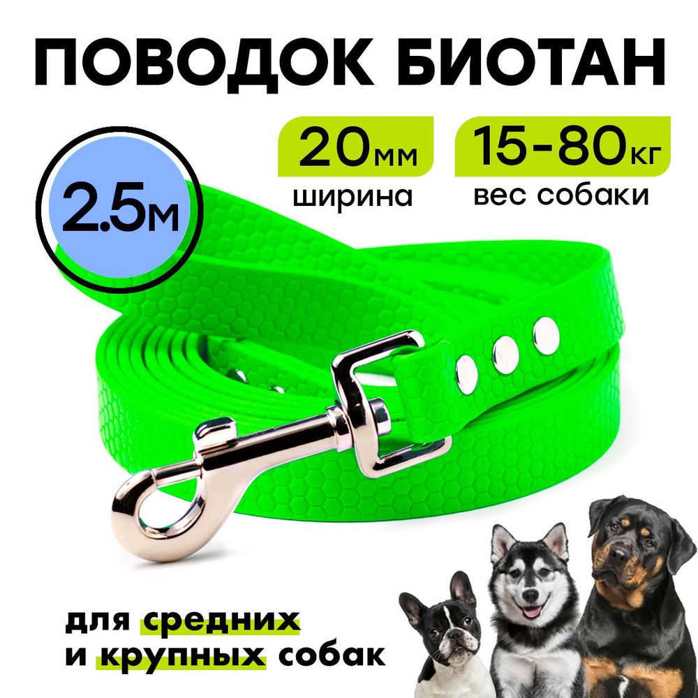 Поводок биотановый 2,5 м, ширина 20 мм, для собак средних и крупных, Woofy "Geksa", прорезиненный, водостойкий, #1