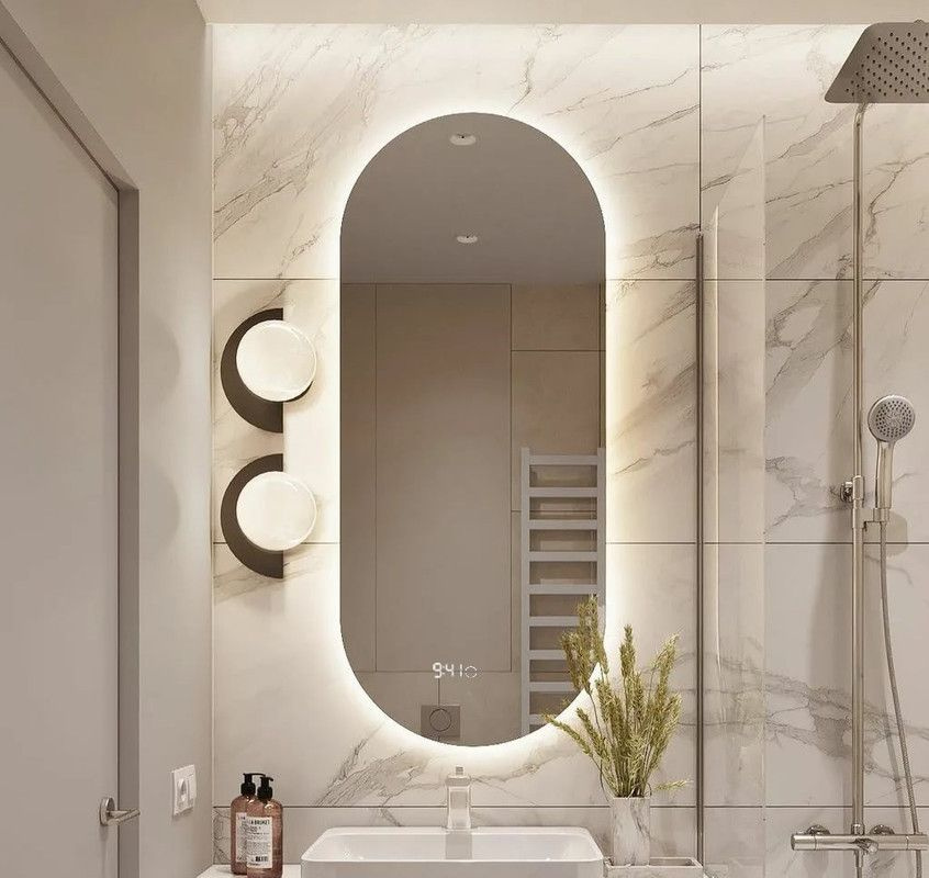 Зеркало овальное 100*50 для ванной с тёплой LED-подсветкой с антизапотеванием и часами  #1