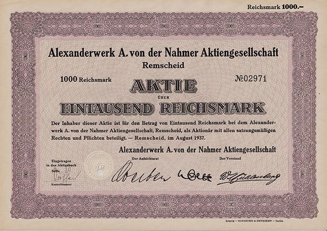Германия, Александрверк А. фон дер Нахмер АГ Ремшайд 1937 год, 1000 рейхсмарок  #1