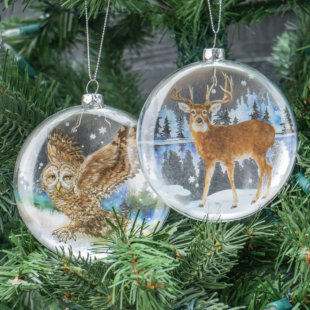 Набор из 2-х ёлочных игрушек Set Of 2 Glass Deer And Owl Disces White/Brown 11 cm  #1