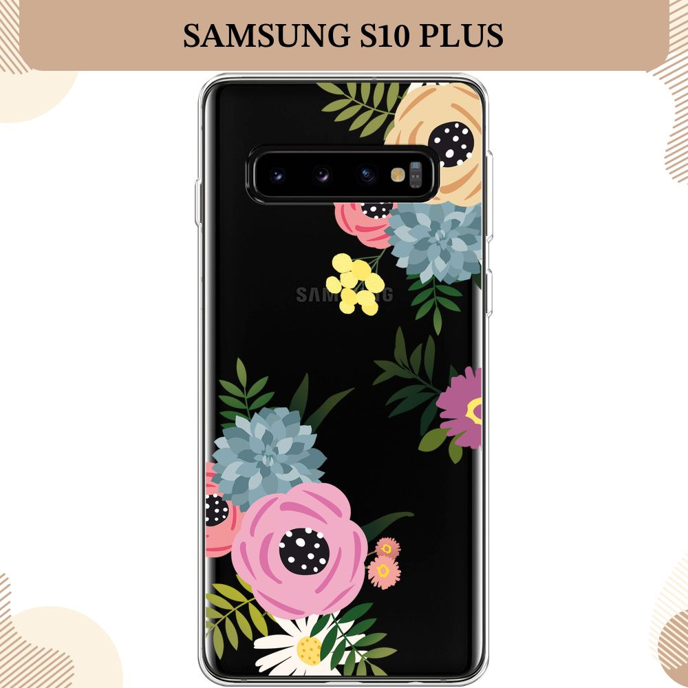 Силиконовый чехол на Samsung Galaxy S10 Plus / Самсунг S10 Plus Colored flowers, прозрачный  #1