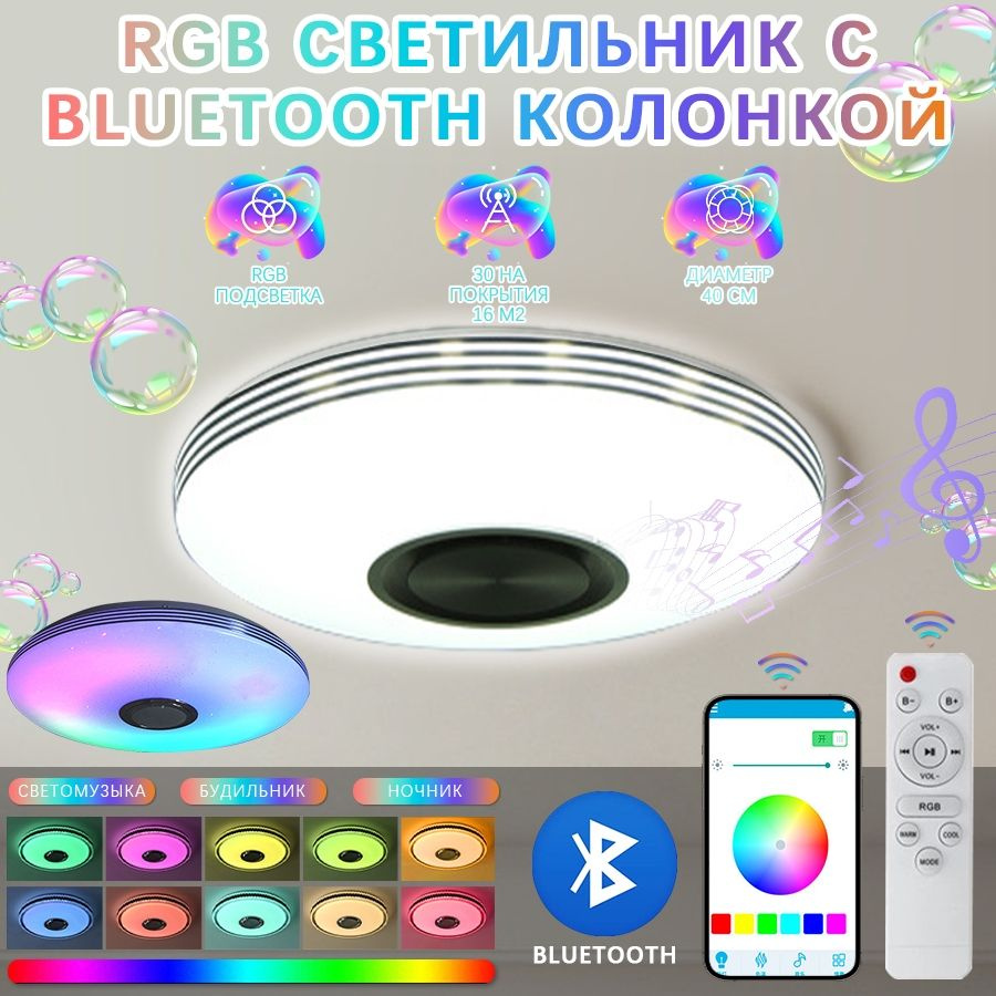 Лампа круглая светодиодная цветная RGB на потолок с блютуз колонкой  #1