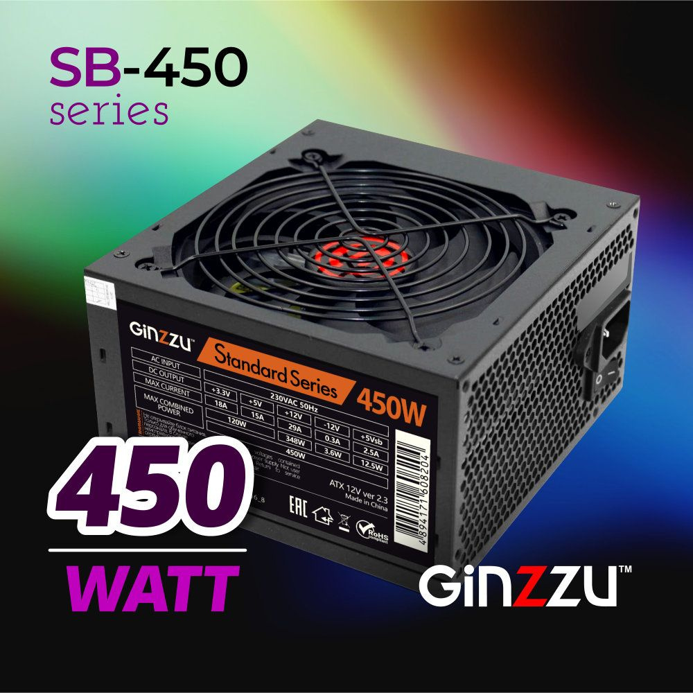 Блок питания Ginzzu SB450 ATX, 12cm fan, 20+4pin +4Pin, 2*SATA, 2*IDE Черный #1