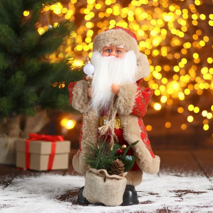 Зимнее волшебство, Дед Мороз "В красной шубке в клетку с подарками" двигается, 18х30 см  #1