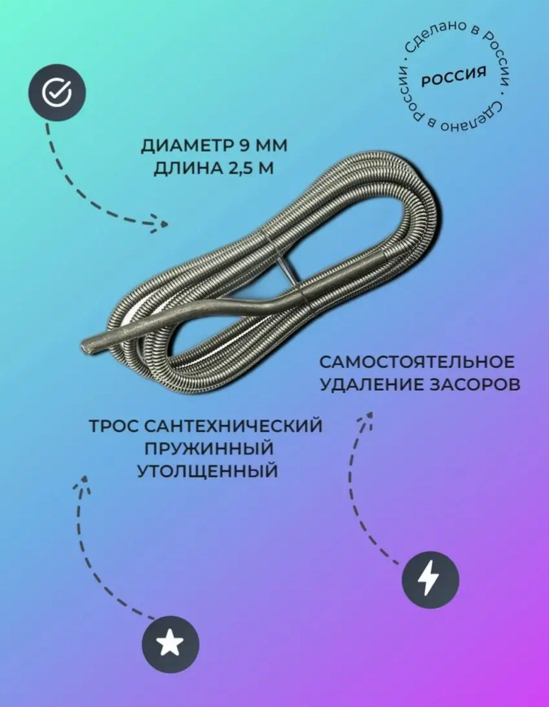 Трос сантехнический для прочистки труб 9 мм х 2,5 м #1