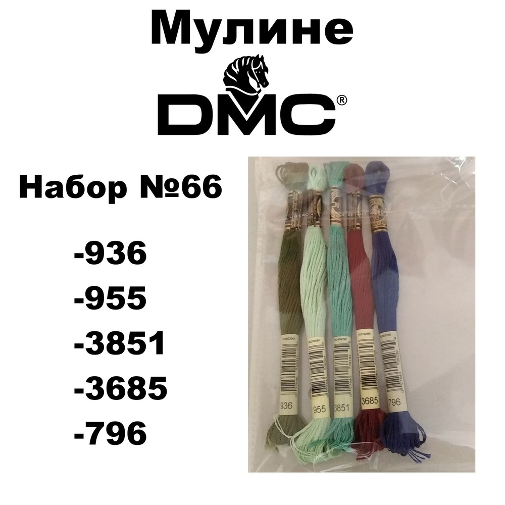 Нитки мулине DMC Embroidery для вышивания / Набор №66 / цвета 936, 955, 3851, 3685, 796  #1