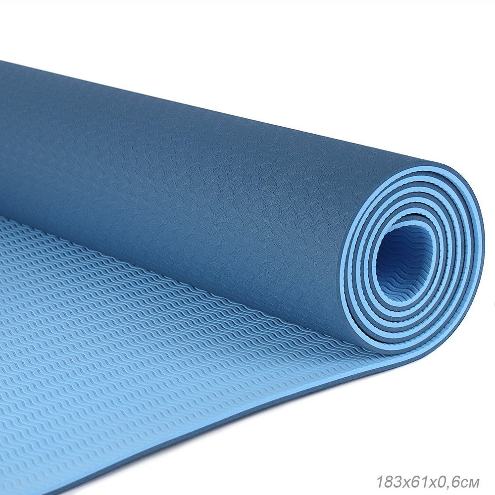 Коврик для йоги и фитнеса спортивный гимнастический двухслойный TPE 6мм. 183х61х0,6 мм, голубой  #1