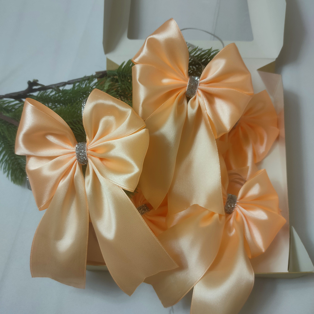 Елочное украшение, набор бантики на елку 6 шт, персиковый нежный цвет  #1