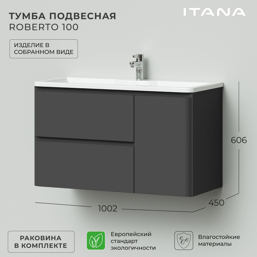 Тумба с раковиной в ванную, тумба для ванной Итана Roberto 2Я 1С 100 1002х450х606 подвесная Графит  #1