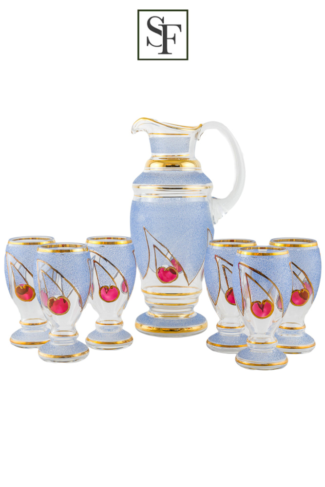 Набор из 7 предметов (кувшин 1,5 л + 6 стаканов по 250 мл) BOHEMIA, "Вишня голубая", богемское стекло, #1