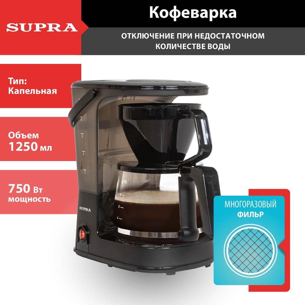 Кофеварка капельная SUPRA CMS-1240 с многоразовым фильтром, стеклянным кувшином 1250мл, 750Вт Уцененный #1